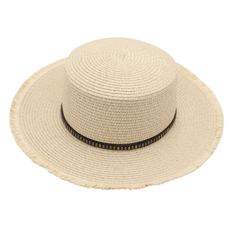 Boater Straw Hat Flat Top Wide Brim Frayed Edge Beaded Band Sunshade Summer Beach Vacation For Women