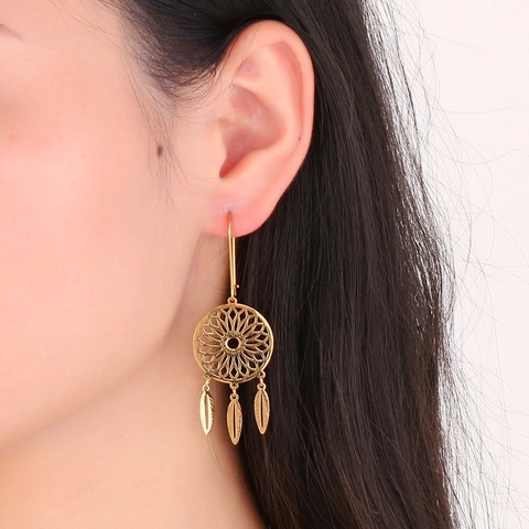 Bohemian Roestvrijstalen Druppeloorbellen Hart Monstera Blad Dromenvanger Veer Vintage Goudkleurige Sieraden