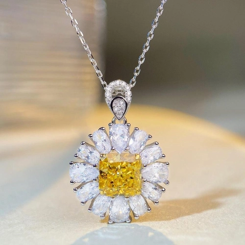 Collana con Ciondolo a Girasole in Argento Sterling 925 Zirconia Taglio Radiant Giallo Verde Rosa Pietra Lusso Gioielli per Donna