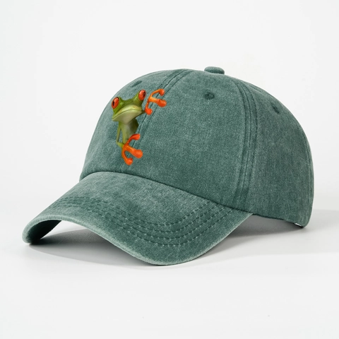 Washed Cotton Baseball Cap 3D Rotaugenlaubfrosch Druck Vintage Distressed Sonnenhut Für Herren Damen