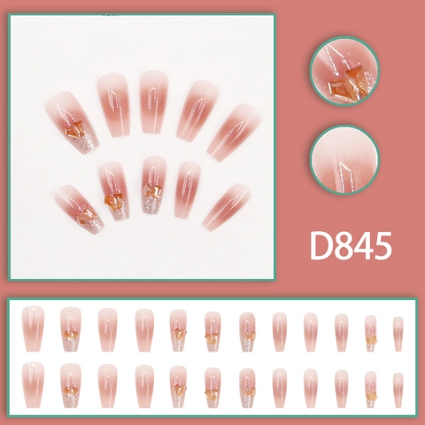 Press On Nails Long Coffin Gradient Pink Rhinestone Heart Glitter French Style Artificial Fingernails For Women