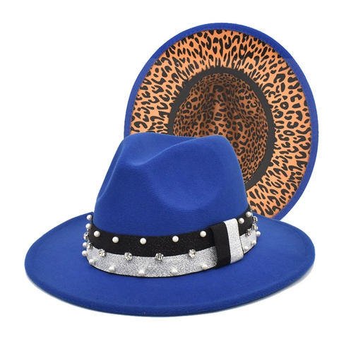 Fedora Hat Woolen Felt Wide Brim Leopard Print Underside Artificial Pearl Rhinestone Band Elegant Vintage Jazz Cap Trendy Unisex