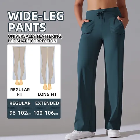 High Waisted Wide Leg Hose Nylon Und Spandex Atmungsaktiv Elastisch Kordelzug Taschen Yoga Fitness Lässig Damen