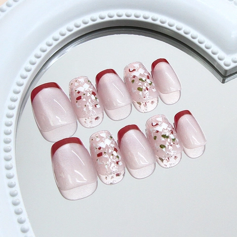 Handmade Press On Nails Cat Eye Pearlescent Red French Tip Glitter Sequins Square Round Elegant For Women