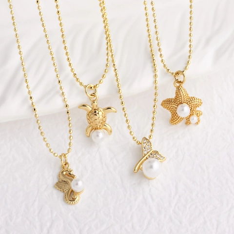 Collana Con Ciondolo Stile Oceano Rame Placcato Oro Perla Artificial Zircone Cavalluccio Marino Tartaruga Stella Marina Gioielli Donna
