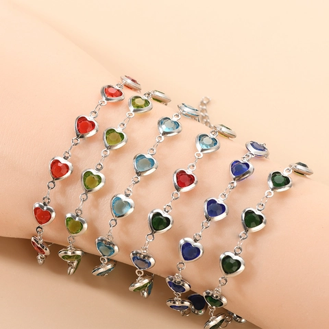 Stainless Steel Heart Shaped Zircon Bracelet Colorful Gemstone Adjustable Chain Fashion Jewelry For Women Wedding Gift