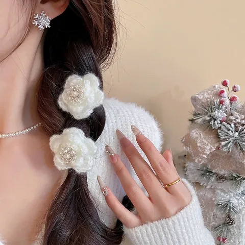 Fermaglio Per Capelli Fiore In Maglia Bianco Filo Uncinetto Clip Becco D'Anatra Con Perla Artificial Strass Accessorio Vintage Donna