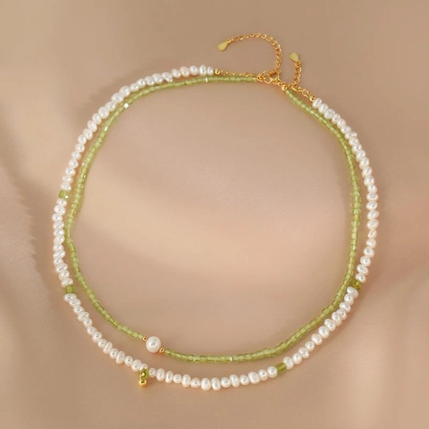Natural Freshwater Pearl Peridot Layered Necklace For Women Gold Double Layer Clavicle Chain Minimalist Handcrafted Niche Jewelry