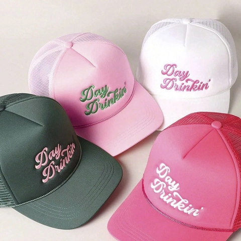 Casquette Trucker Broderie Lettres Day Drinkin' Maille Respirante Mousse Protection Solaire Réglable Rétro Baseball Hommes Femmes