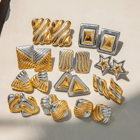 Moderne Roestvrijstalen Geometrische Oorknopjes Voor Dames Tweekleurig Verguld Verzilverd Waterdicht Hypoallergeen Mode Sieraden