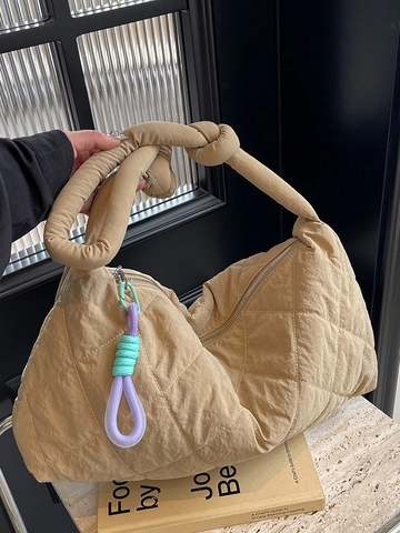 Große Kapazität Gesteppte Umhängetasche Damen Nylon Knoten Griff Slouchy Tote Lässig Schick Bunter Seilanhänger