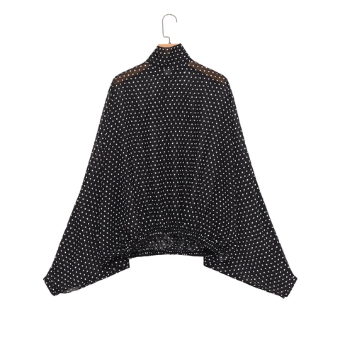 Blusa De Gasa Con Lunares Para Mujer Cuello Alto Manga Murciélago Pullover De Manga Larga Dobladillo Elástico Top