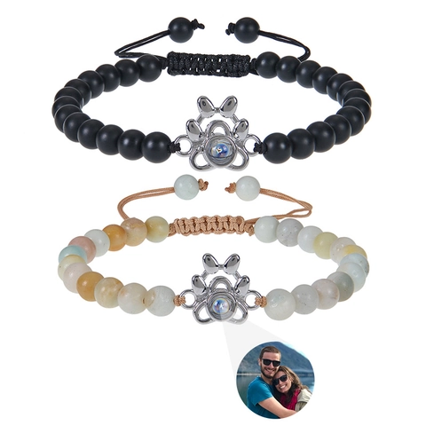 Bracelet De Projection Photo Perles En Pierre Naturelle Corde Tressée Réglable Pendentif Patte Chien Alliage Bijoux Couples