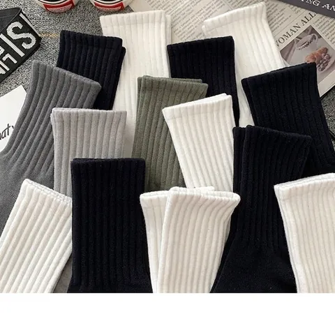Men Crew Socks Ribbed Knit Solid Color Breathable Sweat Absorbent Casual Sports Polyester Mid-Calf