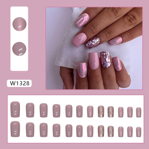 Aurora Chrome Press On Nails Square Medium Long Solid Color Pink Purple Glitter False Nails For Women