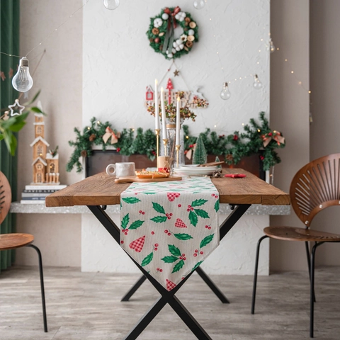 Christmas Table Runner Cotton Linen Double Layer Festive Heart Leaf Pinecone Print Holiday Dining Party Home Decoration