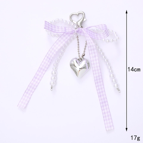 Elegant Artificial Pearl Bow Keychain For Women Plaid Ribbon Heart Pendant Hand-beaded Bag Accessory Keychain For Bags Phone Cases