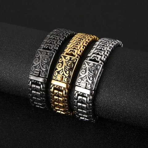 Men Stainless Steel Chain Bracelet Retro Industrial Style With Carved Tree Of Life Pattern Clasp Jewelry