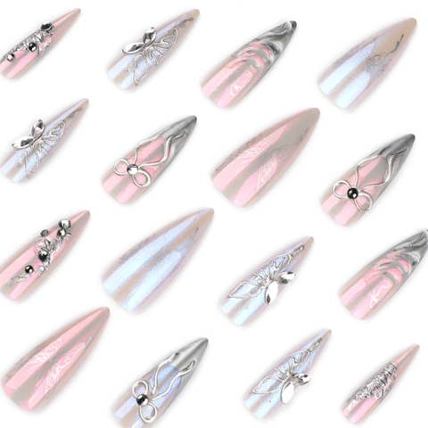 Uñas Postizas Stiletto Extra Largas Rosa Púrpura Perla Polvo de Espejo Con Lazo Metálico Plateado 3D Y2K Uñas Artificiales