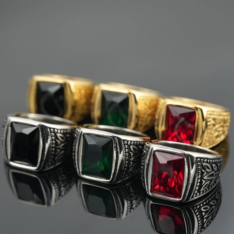 Vintage Men Signet Ring Stainless Steel Rectangular Gemstone Engraved Side Retro Punk Style Statement Finger Jewelry