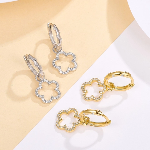 Hollow Flower Dangle Hoop Earrings 925 Sterling Silver Micro Pave Zircon Sweet Fresh Style Jewelry Women