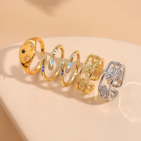 Mode Kupfer Böser Blick Stern Mond Offene Ringe Für Damen Strass Emaille Verstellbarer Fingerring Schmuck Gold Silber