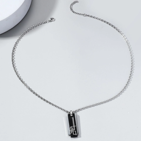 Men Necklace Stainless Steel Alloy Geometric Rectangle Pendant Double Layered Black Silver Minimalist Style Jewelry