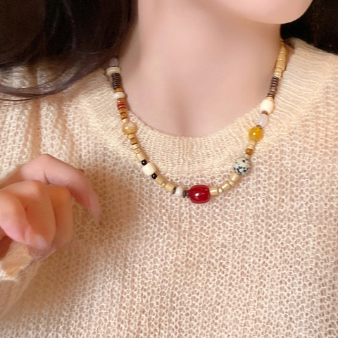 Collana Perline Agata Cocco Pietra Macchiata Vintage Stile Boho Etnico Irregolare Catena Clavicola Gioielli Donna
