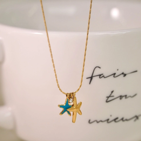 Collana con Pendente a Stella Marina in Acciaio al Titanio Smalto Blu Oro Stella Marina Strass Catena Per Donna Gioielli di Moda