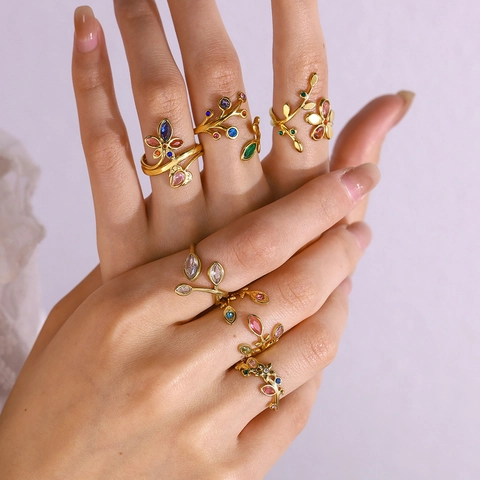 Stainless Steel Leaf Open Ring For Women 18K Gold Plated Colorful Rhinestone Adjustable Flower Finger Ring French Style Jewelry
