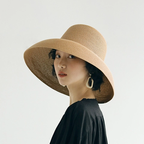 Women French Retro Style Wide Brim Paper Straw Hat Sun Protection Foldable Beach Vacation Elegant Dome Bucket Hat Summer