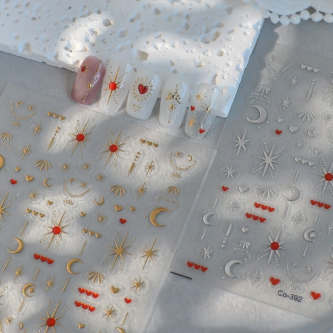 Pegatinas Para Uñas Con Relieve 5D Impermeable Metálico Oro Plata Luna Estrella Corazón Celestial Decoración De Manicura DIY