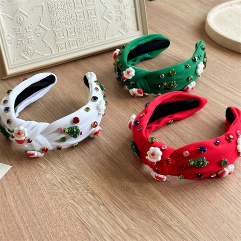 Christmas Headband Fabric Knotted With Santa Claus Tree Resin Ornaments Rhinestone Festive Hair Accessory For Women