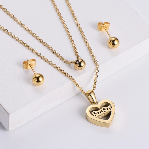 Stainless Steel Double Layer Necklace And Ball Stud Earrings Hollow Heart Pendant Women Mama Sister Gift Gold Plated
