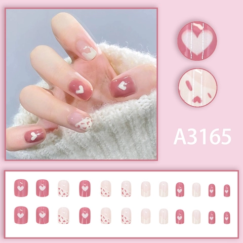Unghie Finte A Pressione Lucide Rosa Crema Bianco Cuore Doodle Corte Unghie Artificiali Stile Dolce Per Donne
