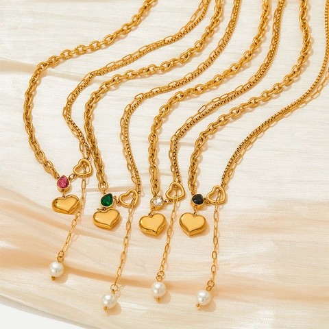 Herz Anhänger Halskette Edelstahl Zirkon Wassertropfen Kunstperle Asymmetrische Gemischte Kette Mode Schmuck Für Damen