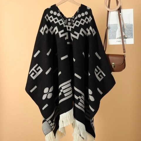 Vintage Ethno Geometrisches Jacquard Poncho Schal Mit Quasten Boho Warme Überwurf Cape Für Reisen Outdoor Damen Herren