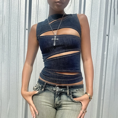 Women Cut Out Tank Top Denim Look Sleeveless Sexy Y2K Streetwear Back Zipper Crop Top Slim Fit Solid Color