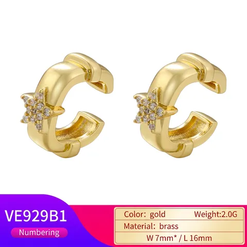 Retro Star Copper Gold Plated Ear Cuffs With Zircon U-Shaped Non-Pierced Geometric Earrings For Women Fashion Jewelry