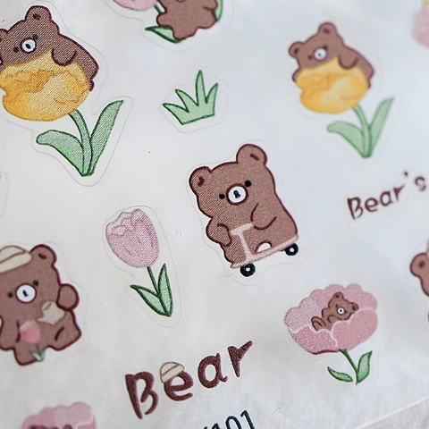 Cartoon Bär Und Tulpe Nagel Aufkleber Ultradünne Selbstklebende Transparente Decals Für Maniküre Dekoration Süßer Stil