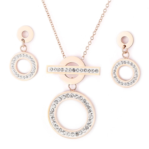 Set Di Gioielli Con Collana E Orecchini In Acciaio Inossidabile Con Pendente Cerchio Barra E Strass Moda Stile Semplice Donna