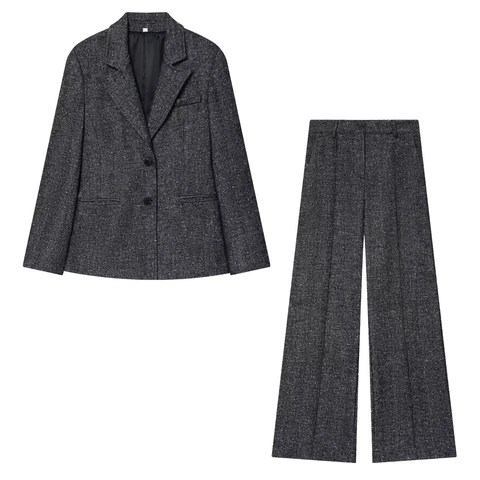 Damen Blazer Mit Revers Aus Fischgräten-Tweed Und Weite Hose Mit Hoher Taille Vintage Casual Streetwear Outfits