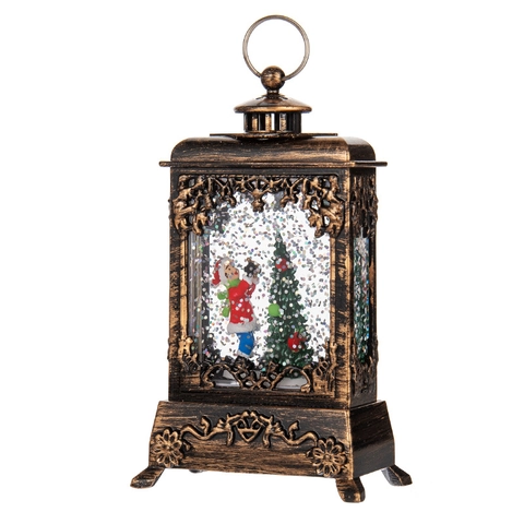 Christmas Lantern Snow Globe Night Light With LED Warm Glow Swirling Glitter Antique Bronze PVC Retro Holiday Decoration