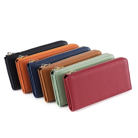 Women Long Zipper Wallet Genuine Cowhide Leather RFID Blocking Multifunctional Large Capacity Litchi Pattern Clutch Bag