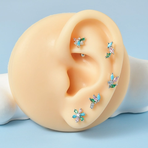 Stainless Steel Zirconia Cartilage Stud Earrings Multicolor Marquise Zircon Flower Leaf Ear Bone Nail Jewelry For Women