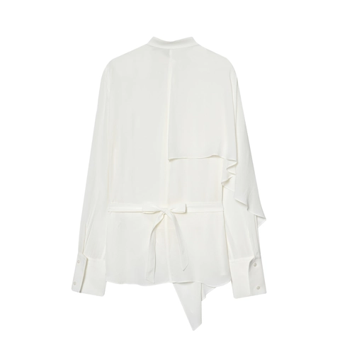 White Asymmetric Draped Blouse Satin Texture Long Sleeve Pleated Shirt With Tie Back Bow For Women Elegant Chic