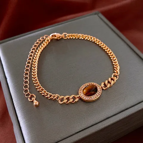 Bracelet Œil De Tigre Vintage Cuivre Plaqué Or Véritable Zirconium Ovale Chaîne Gourmette Bijoux Réglables Pour Femmes
