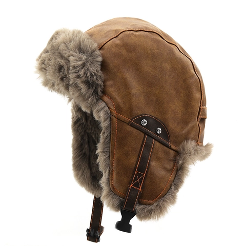 Gorro De Aviador De Invierno Cuero PU Forro De Piel Sintética Cálido Orejeras Resistente Al Viento Esquí Unisex