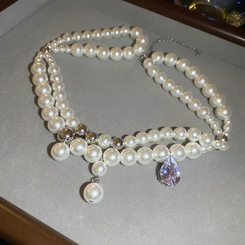 Double Layer Artificial Pearl Necklace Purple Water Drop Zircon Pendant Copper Silver Beads French Vintage Luxury Clavicle Chain