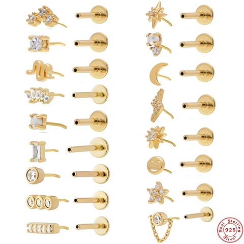 Threadless Piercing Cartilage Stud Earrings 925 Sterling Silver Zircon Artificial Pearl Geometric Flat Back Helix Tragus Jewelry Women